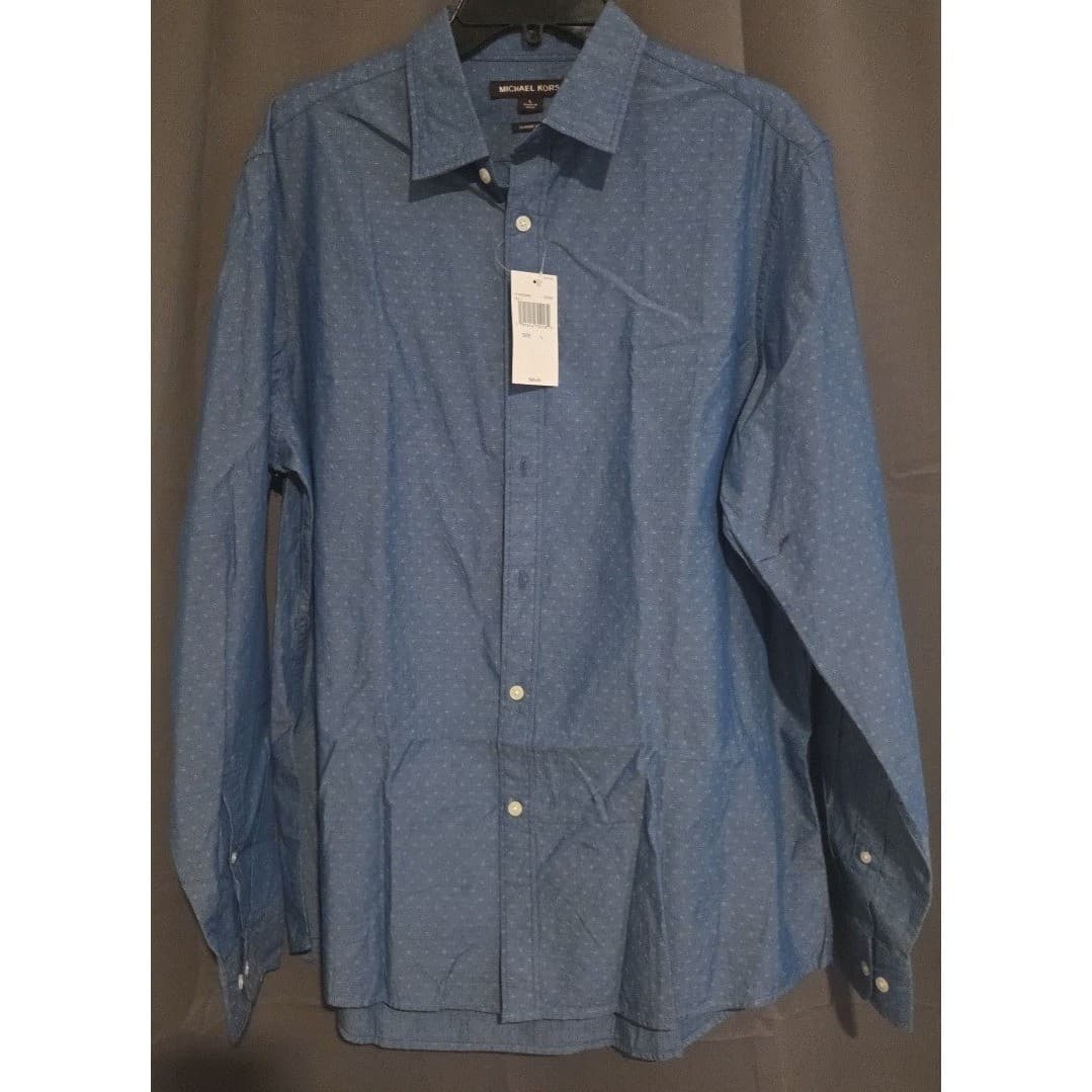 Michael Kors Classic Fit Ocean Blue Long Sleeve Button Down, Men's Large Shirt - Thumbnail 3