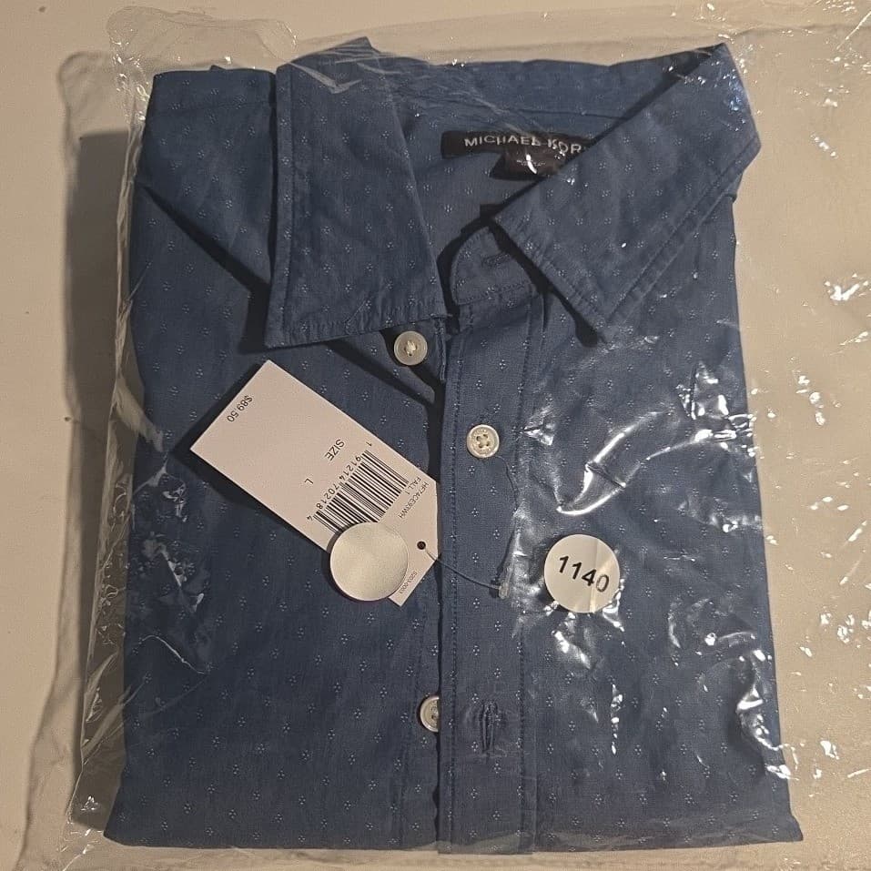 Michael Kors Classic Fit Ocean Blue Long Sleeve Button Down, Men's Large Shirt - Thumbnail 11