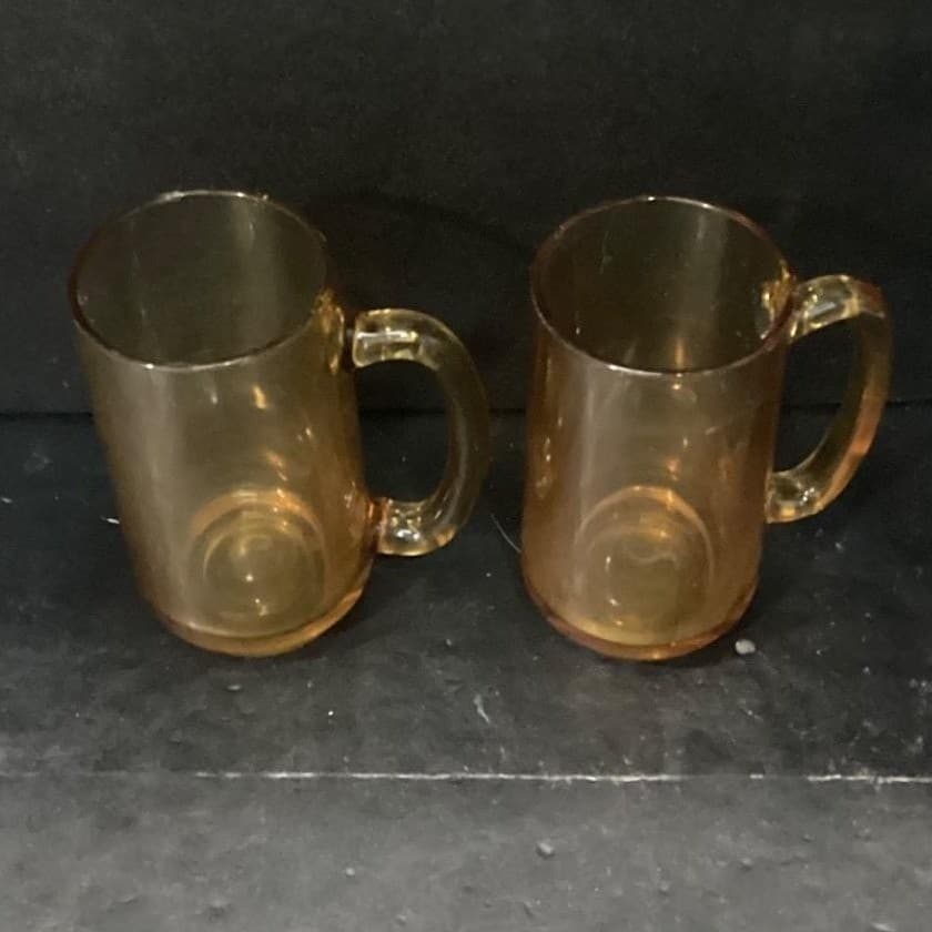 Hazel Atlas Amber Beer Mugs, Set of 2, Vintage Stackable Glasses, Glass Steins - Thumbnail 3