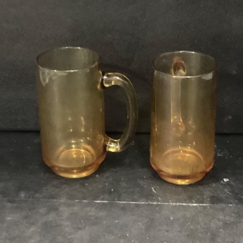 Hazel Atlas Amber Beer Mugs, Set of 2, Vintage Stackable Glasses, Glass Steins - Thumbnail 8