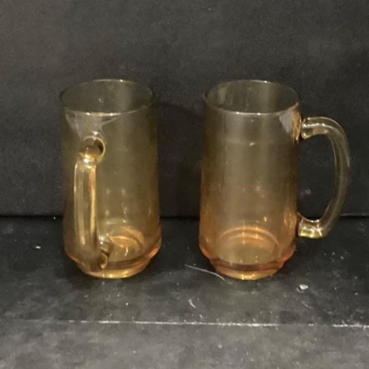 Hazel Atlas Amber Beer Mugs, Set of 2, Vintage Stackable Glasses, Glass Steins - Thumbnail 11