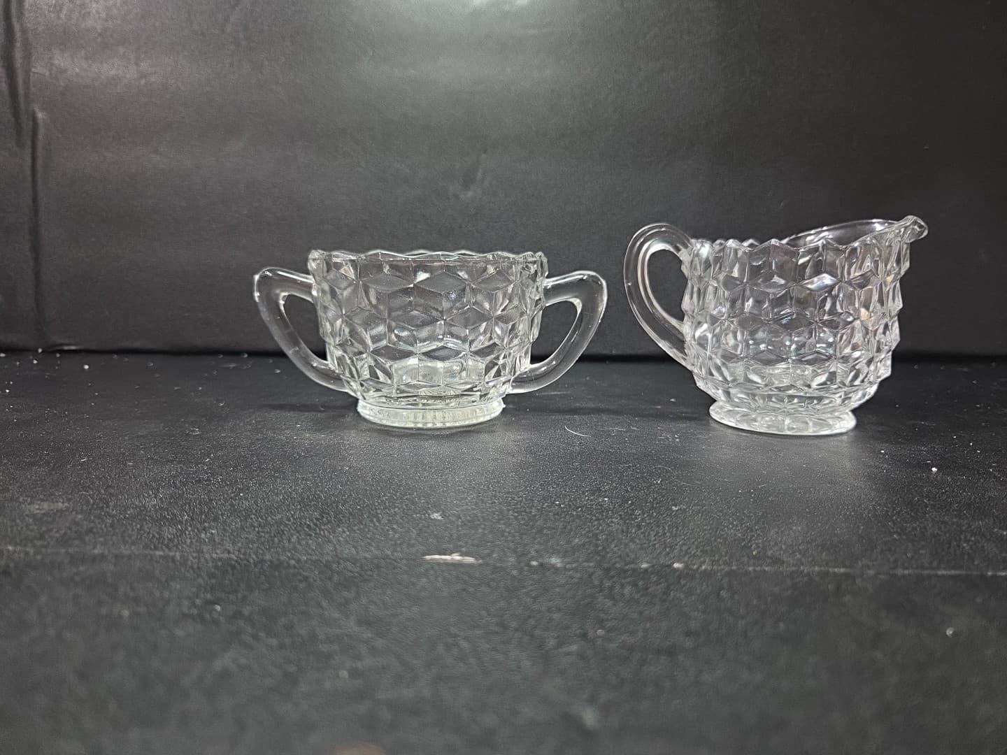 Fostoria American Cubist Creamer and Sugar Set, Clear Glass Vintage Glassware - Thumbnail 3