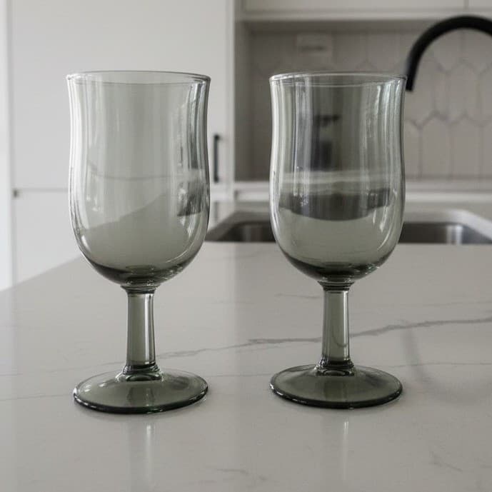 Duz Crystal Smoke Gray Water Goblets, Set of 2, Mid Century Footed Glasses