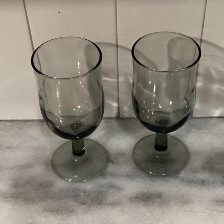Duz Crystal Smoke Gray Water Goblets, Set of 2, Mid Century Footed Glasses - Thumbnail 3