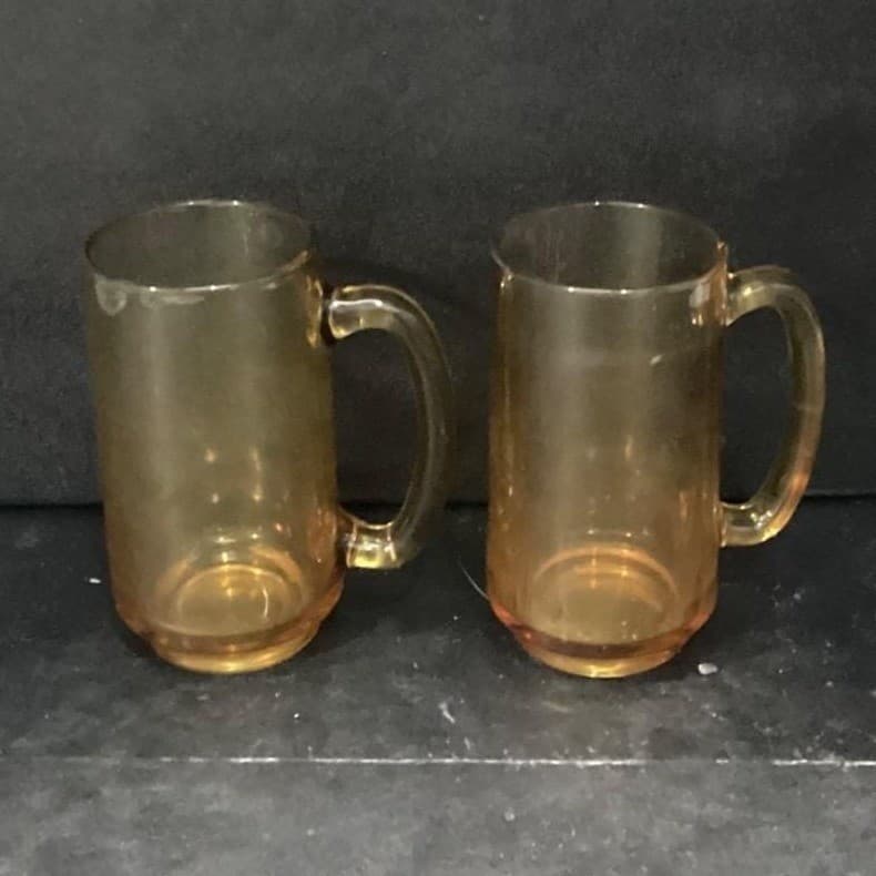 Hazel Atlas Amber Beer Mugs, Set of 2, Vintage Stackable Glasses, Glass Steins - Thumbnail 2