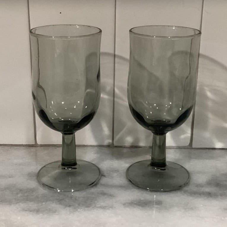 Duz Crystal Smoke Gray Water Goblets, Set of 2, Mid Century Footed Glasses - Thumbnail 8