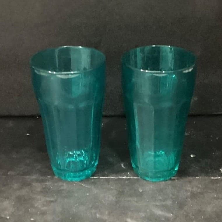 Pasabahce Teal Paneled Tumblers, Set of 2, Vintage Water Glasses, Drinkware - Thumbnail 2