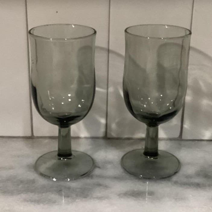 Duz Crystal Smoke Gray Water Goblets, Set of 2, Mid Century Footed Glasses - Thumbnail 2