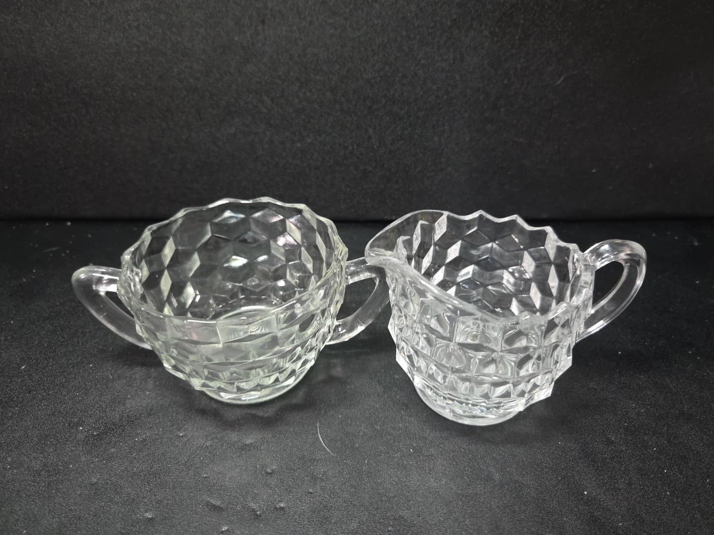 Fostoria American Cubist Creamer and Sugar Set, Clear Glass Vintage Glassware - Thumbnail 5