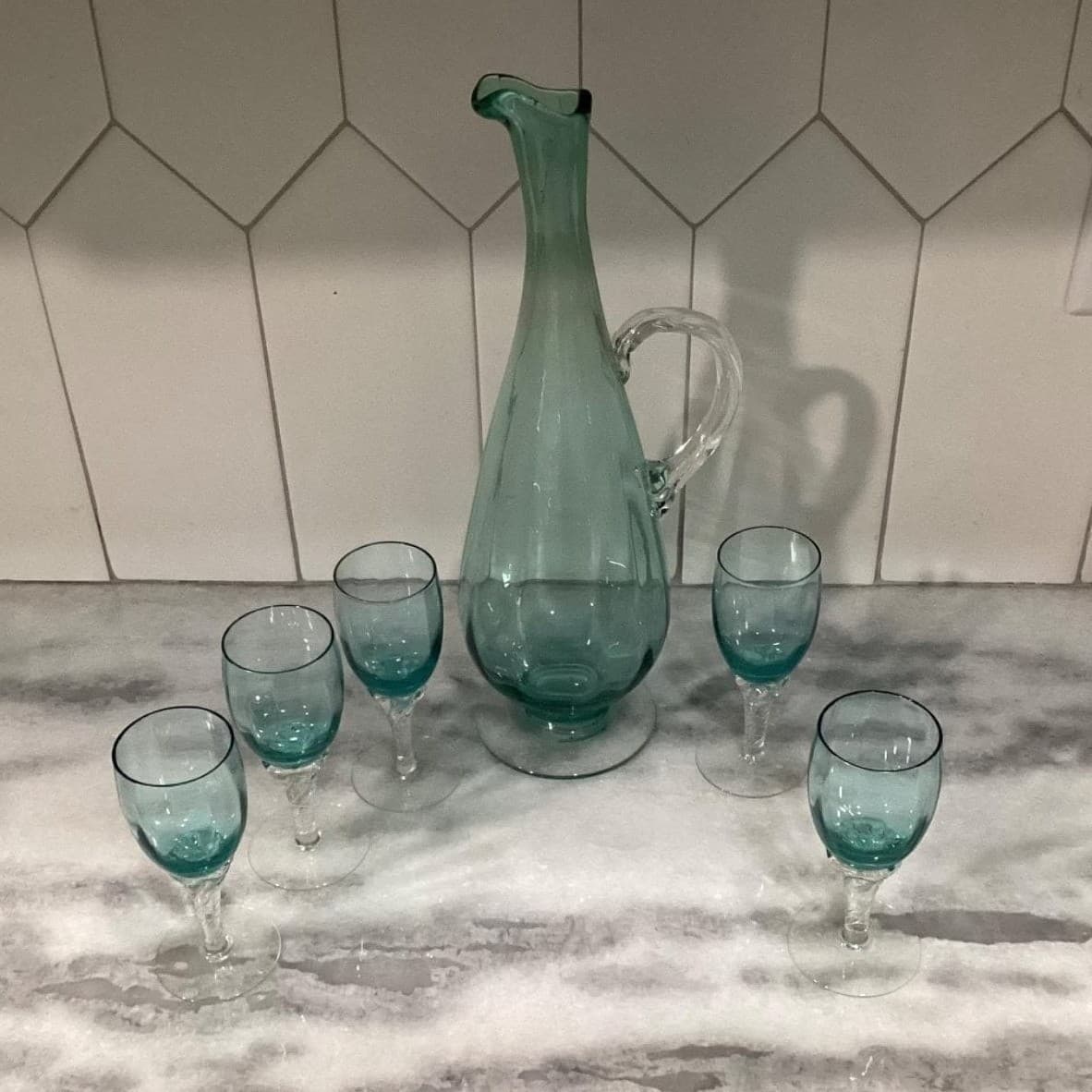 Decanter with Cordials Set 6-Piece Light Green Blue Twisted Clear Stems Elegant - Thumbnail 3
