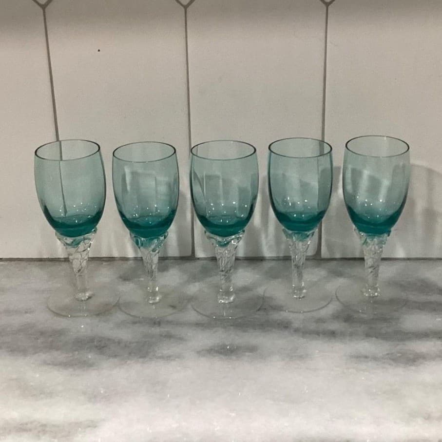 Decanter with Cordials Set 6-Piece Light Green Blue Twisted Clear Stems Elegant - Thumbnail 16