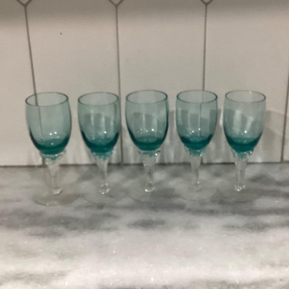 Decanter with Cordials Set 6-Piece Light Green Blue Twisted Clear Stems Elegant - Thumbnail 18