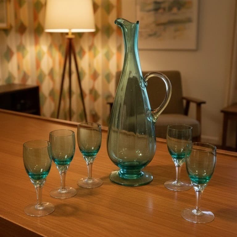 Decanter with Cordials Set 6-Piece Light Green Blue Twisted Clear Stems Elegant