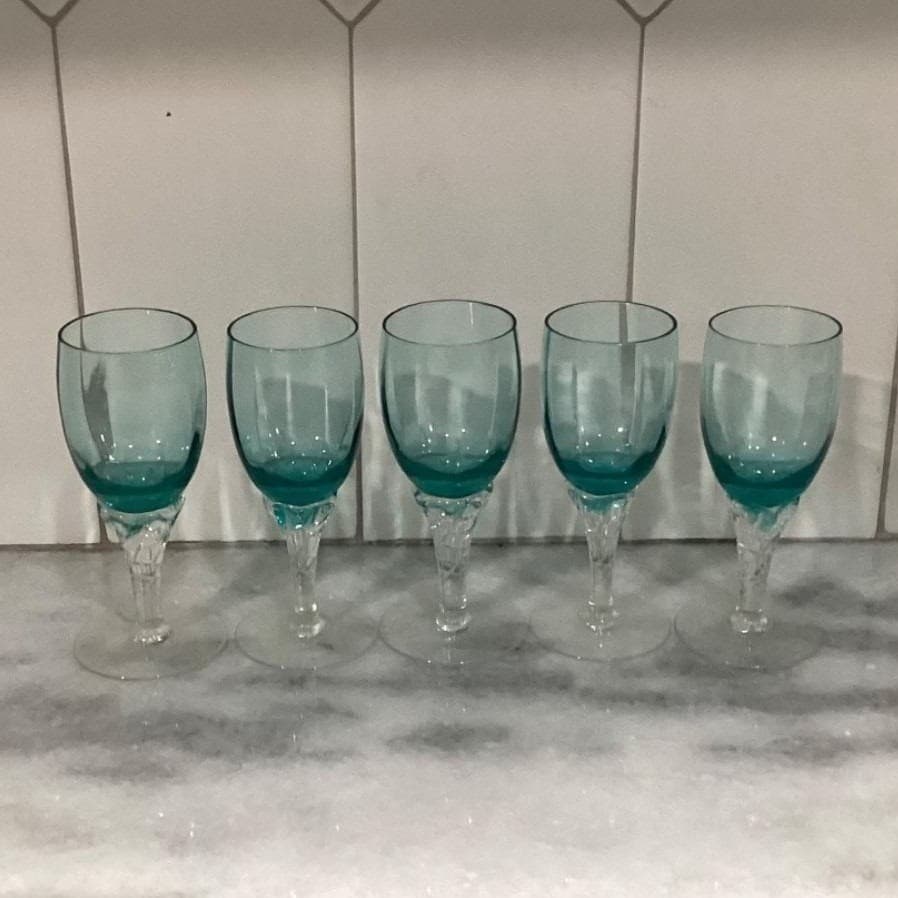 Decanter with Cordials Set 6-Piece Light Green Blue Twisted Clear Stems Elegant - Thumbnail 19