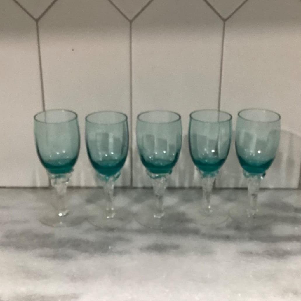 Decanter with Cordials Set 6-Piece Light Green Blue Twisted Clear Stems Elegant - Thumbnail 17