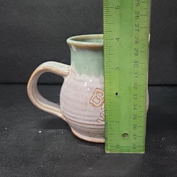 Studio Pottery Sippin' Cow Mug, Artisan Signed Vintage Stoneware, Gray Green Tan - Thumbnail 2