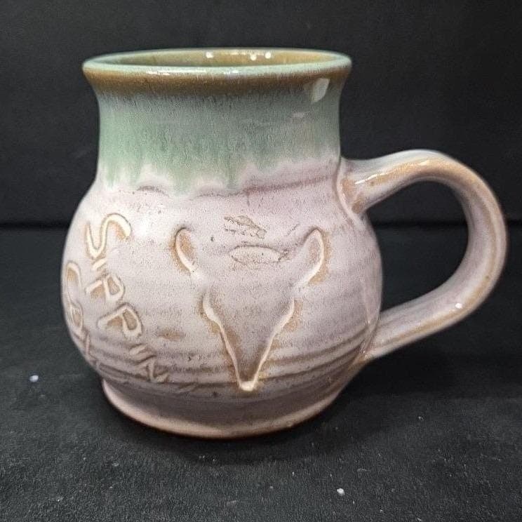 Studio Pottery Sippin' Cow Mug, Artisan Signed Vintage Stoneware, Gray Green Tan - Thumbnail 7