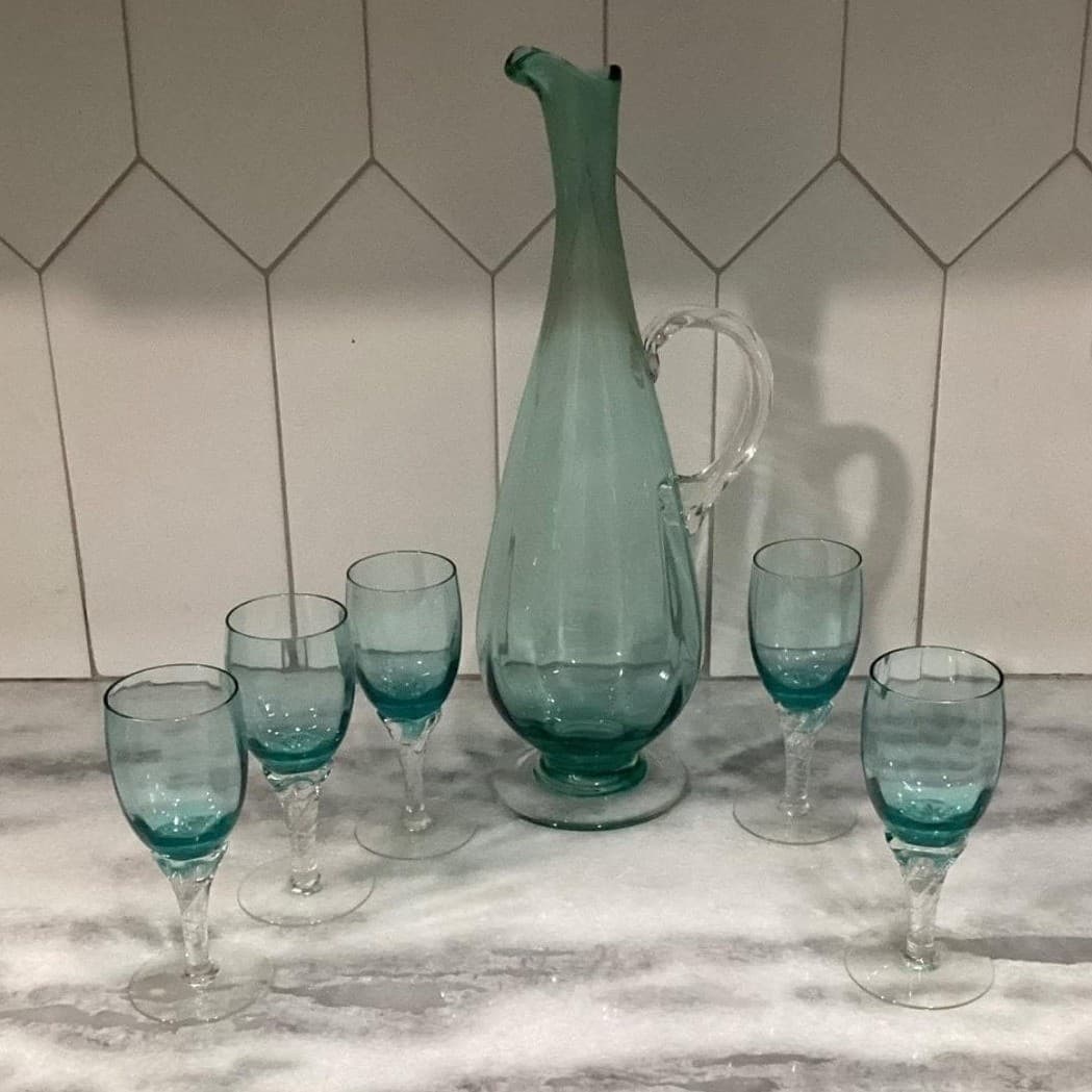 Decanter with Cordials Set 6-Piece Light Green Blue Twisted Clear Stems Elegant - Thumbnail 2
