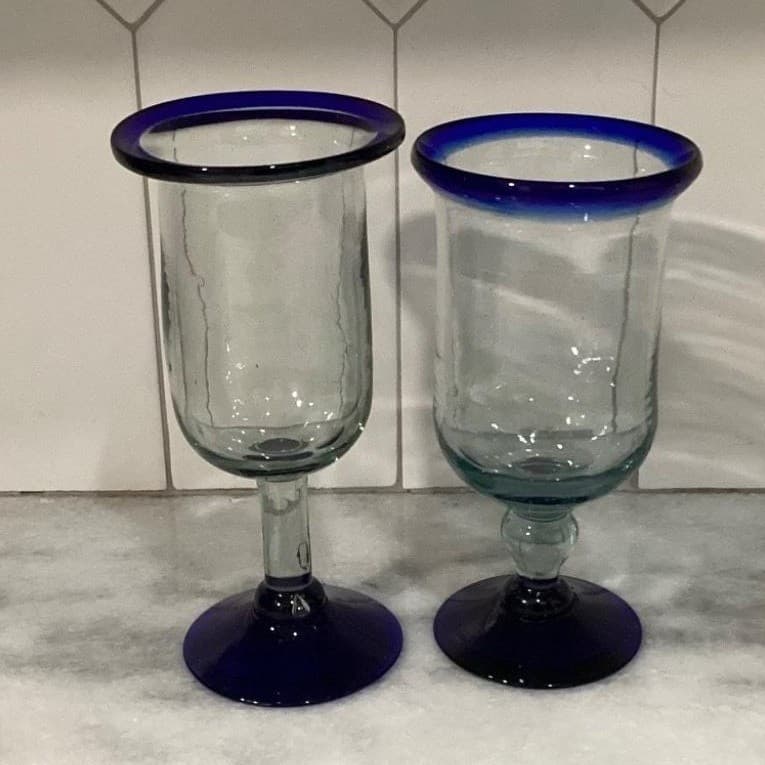 Pier 1 Cobalt Blue Rim Wine Glasses Goblets Mouth Blown Mexico Set Of 2 - Thumbnail 10