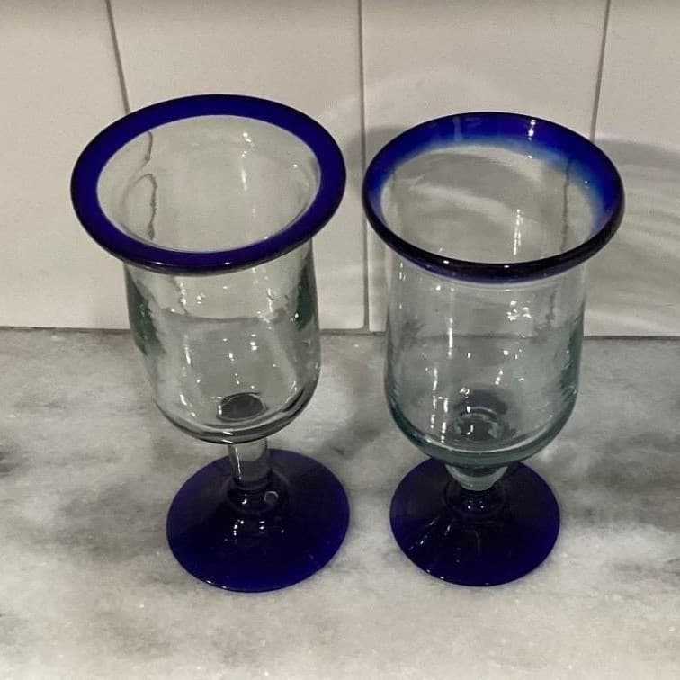 Pier 1 Cobalt Blue Rim Wine Glasses Goblets Mouth Blown Mexico Set Of 2 - Thumbnail 2