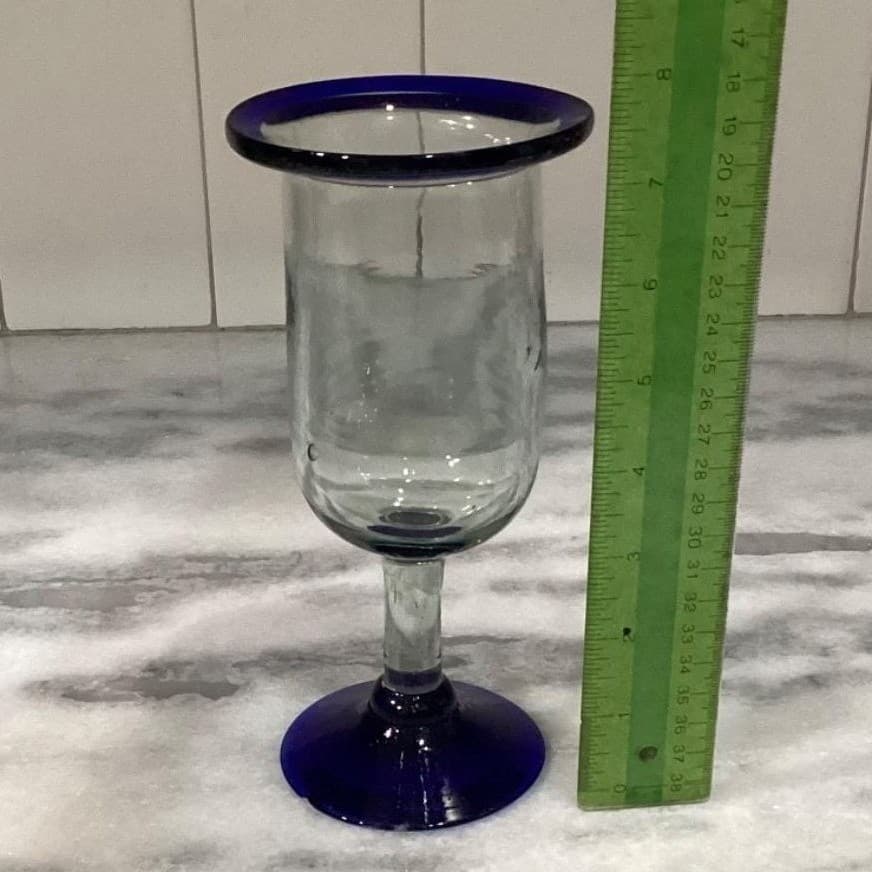 Pier 1 Cobalt Blue Rim Wine Glasses Goblets Mouth Blown Mexico Set Of 2 - Thumbnail 6