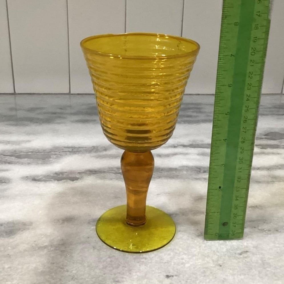 Amber Optic Ribbed Glasses Goblets Depression Era Set Of 4 Mid Century - Thumbnail 6