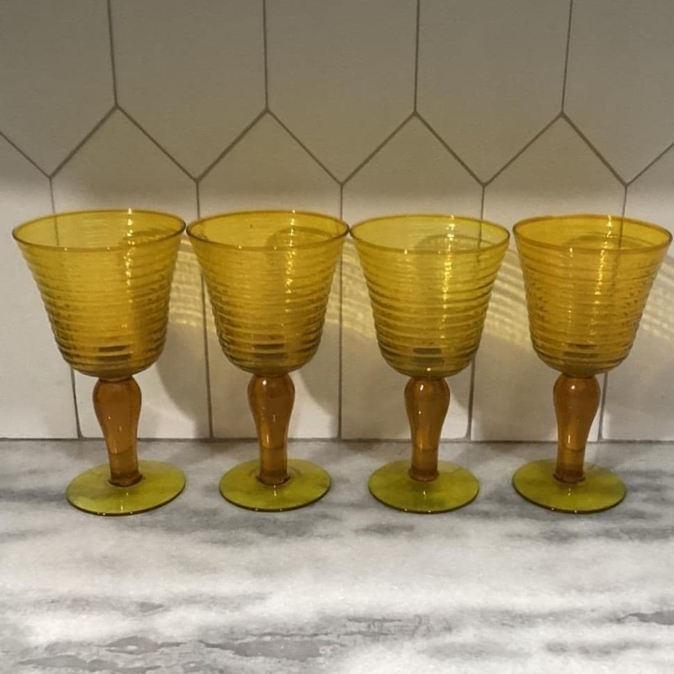 Amber Optic Ribbed Glasses Goblets Depression Era Set Of 4 Mid Century - Thumbnail 11