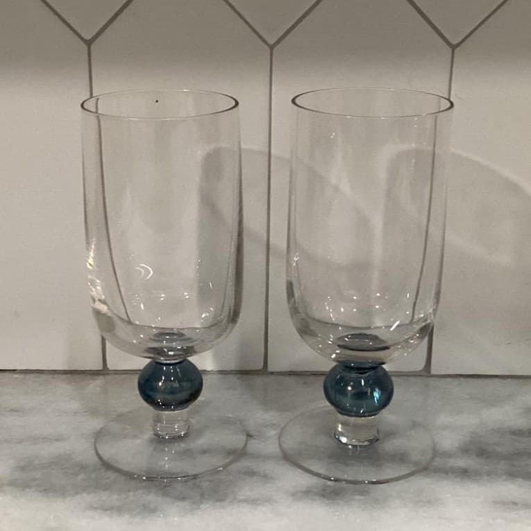 Short Footed Water Goblets Smokey Blue Stem Set Of 2 Vintage Elegant - Thumbnail 9