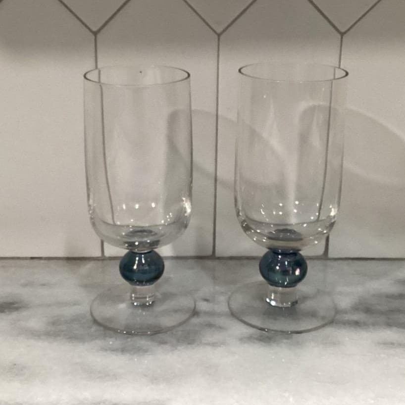 Short Footed Water Goblets Smokey Blue Stem Set Of 2 Vintage Elegant - Thumbnail 10