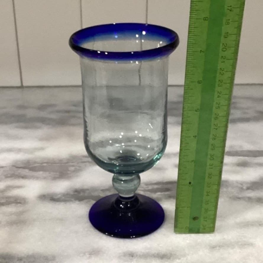 Pier 1 Cobalt Blue Rim Wine Glasses Goblets Mouth Blown Mexico Set Of 2 - Thumbnail 8