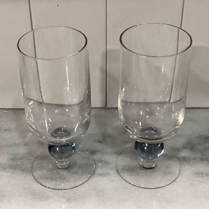 Short Footed Water Goblets Smokey Blue Stem Set Of 2 Vintage Elegant - Thumbnail 3