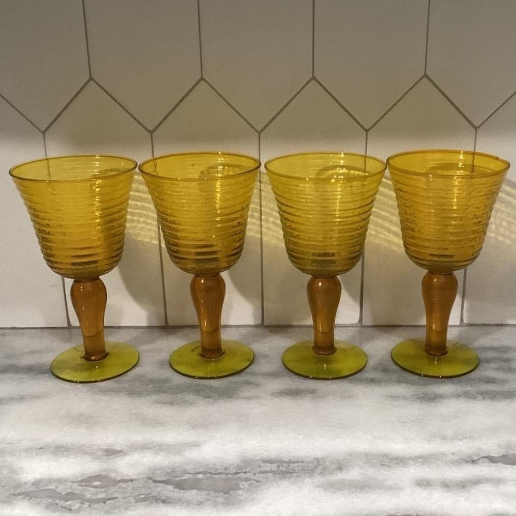 Amber Optic Ribbed Glasses Goblets Depression Era Set Of 4 Mid Century - Thumbnail 9