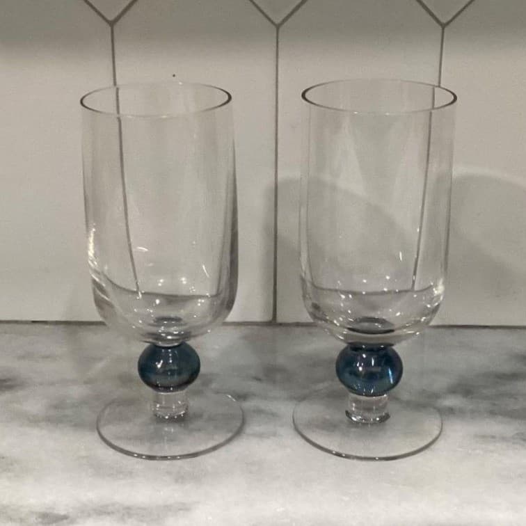Short Footed Water Goblets Smokey Blue Stem Set Of 2 Vintage Elegant - Thumbnail 2