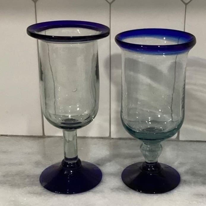 Pier 1 Cobalt Blue Rim Wine Glasses Goblets Mouth Blown Mexico Set Of 2 - Thumbnail 12