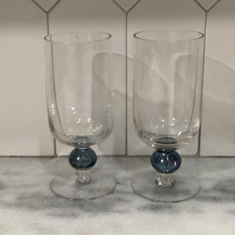 Short Footed Water Goblets Smokey Blue Stem Set Of 2 Vintage Elegant - Thumbnail 8