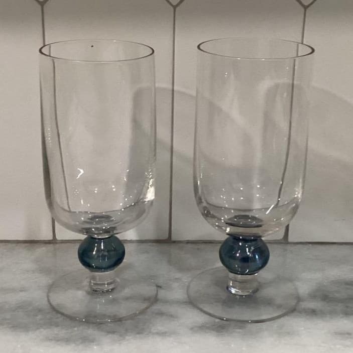 Short Footed Water Goblets Smokey Blue Stem Set Of 2 Vintage Elegant - Thumbnail 11