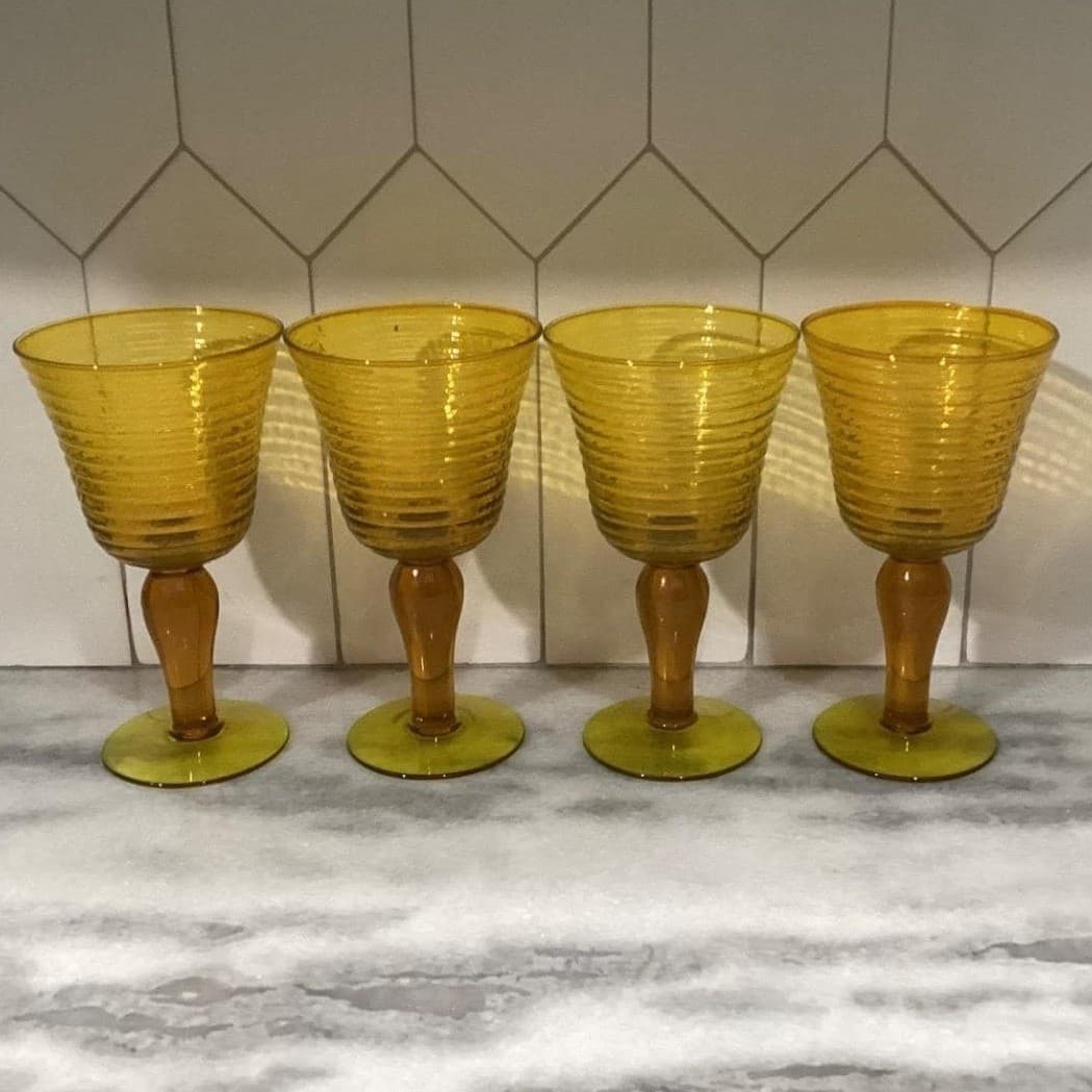 Amber Optic Ribbed Glasses Goblets Depression Era Set Of 4 Mid Century - Thumbnail 10