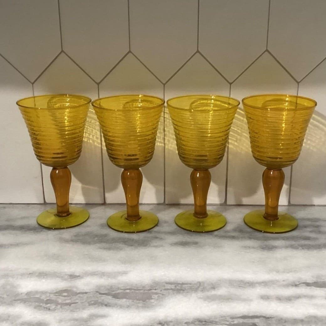 Amber Optic Ribbed Glasses Goblets Depression Era Set Of 4 Mid Century - Thumbnail 8