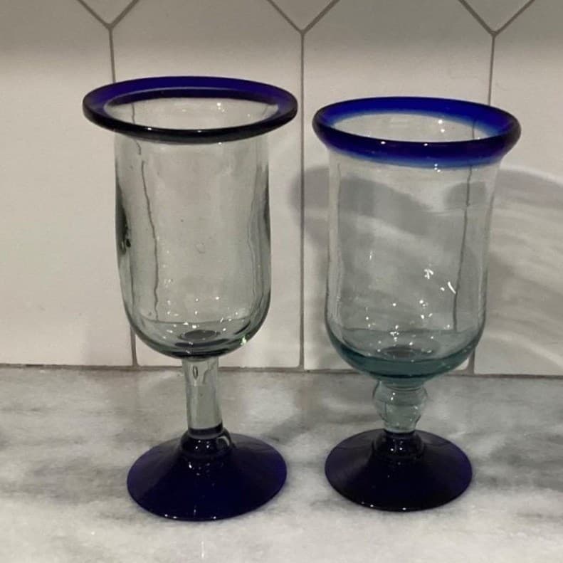 Pier 1 Cobalt Blue Rim Wine Glasses Goblets Mouth Blown Mexico Set Of 2 - Thumbnail 11