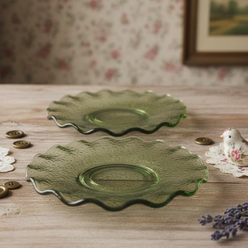 Hazel Atlas Pebblestone Avocado Green Saucers, Set of 2 Vintage Depression Glass