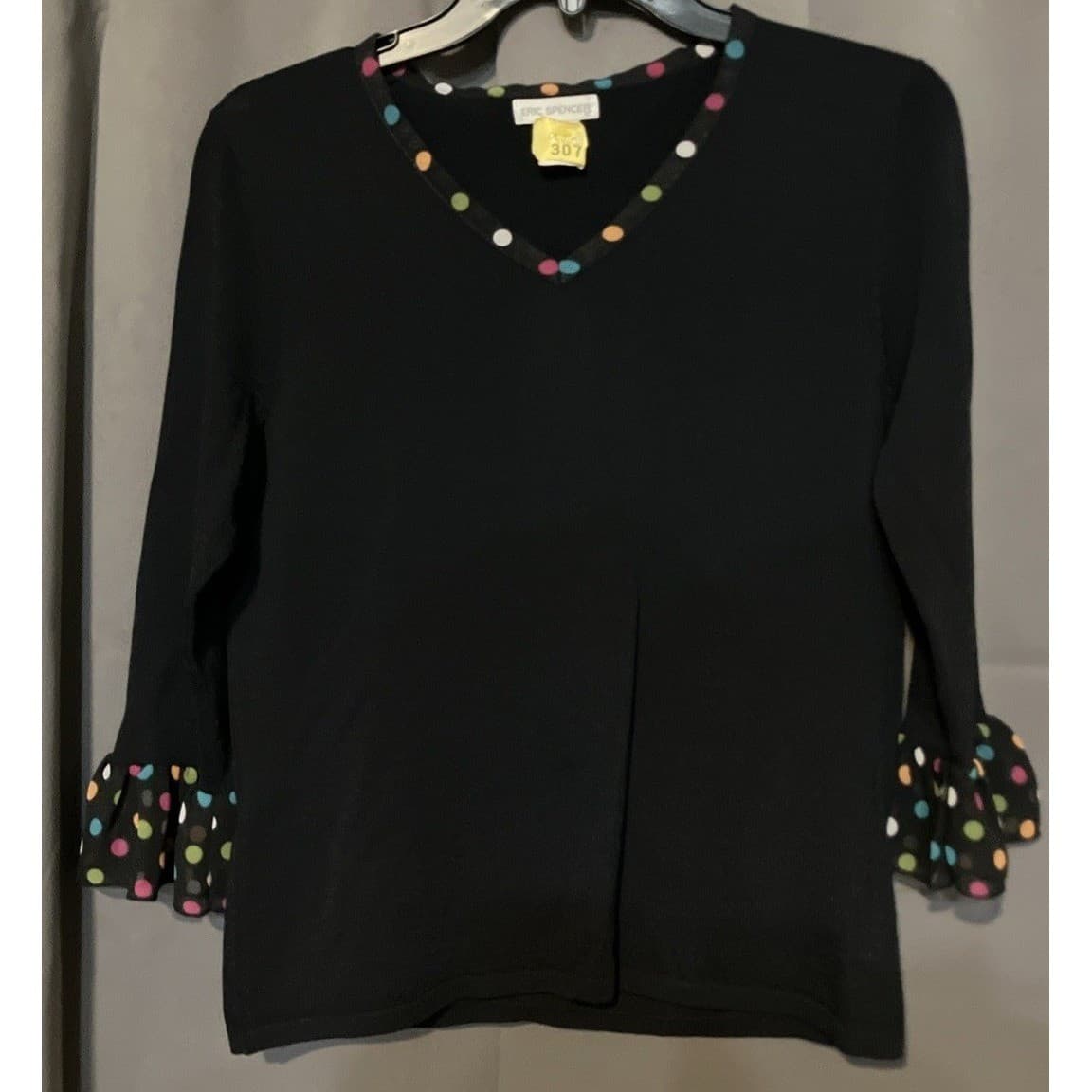 Eric Spencer Black V-Neck Sweater, Women's Medium, Polka Dot Trim Ruffle Cuff - Thumbnail 3