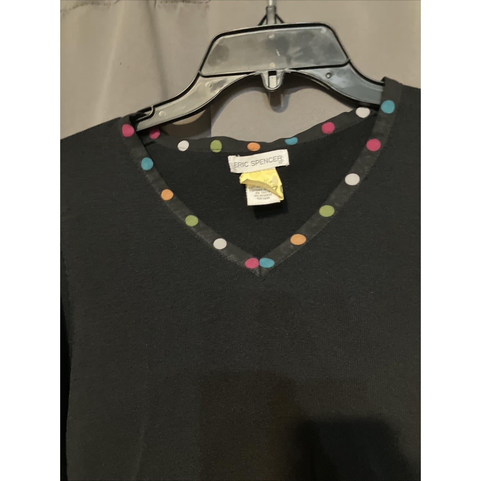 Eric Spencer Black V-Neck Sweater, Women's Medium, Polka Dot Trim Ruffle Cuff - Thumbnail 8