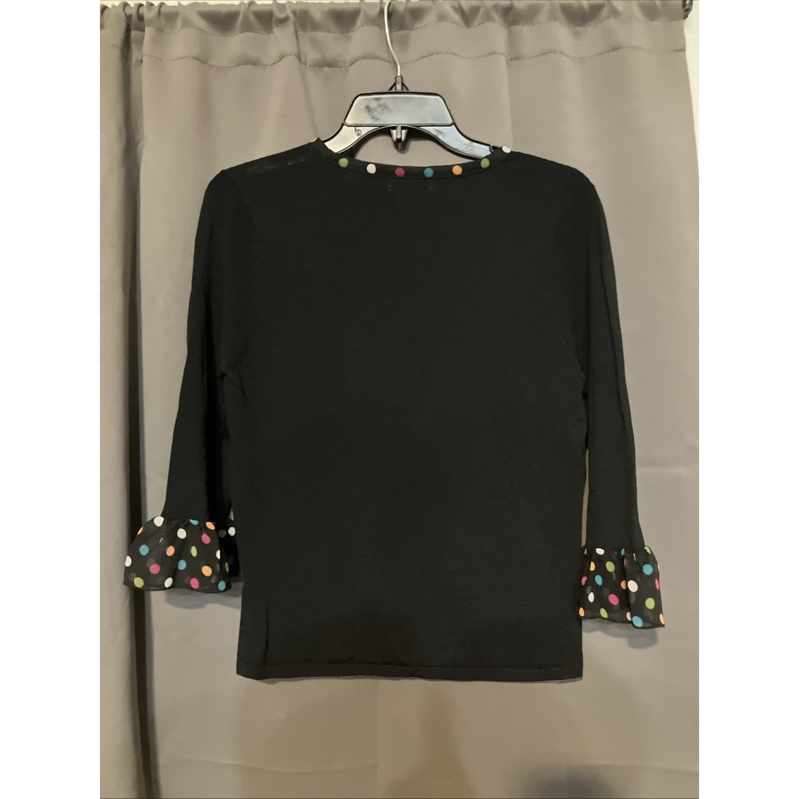 Eric Spencer Black V-Neck Sweater, Women's Medium, Polka Dot Trim Ruffle Cuff - Thumbnail 4