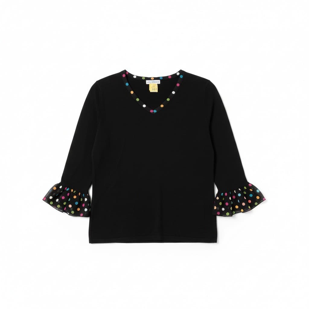 Eric Spencer Black V-Neck Sweater, Women's Medium, Polka Dot Trim Ruffle Cuff