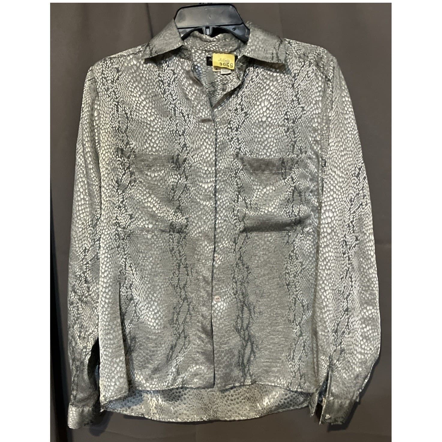 Alain Gerard Silver Snakeskin Print Button Down, Women's Size 4 Metallic Blouse - Thumbnail 3