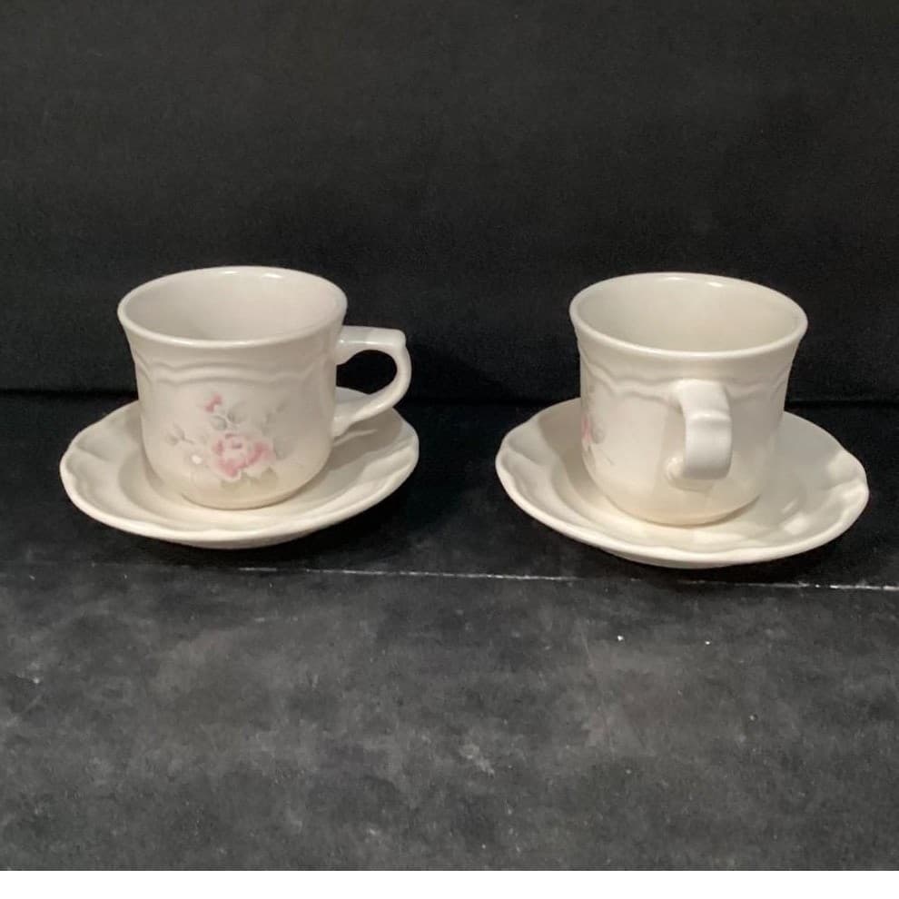Pfaltzgraff Pink Tea Rose Teacups & Saucers, Set of 2, Vintage Floral Stoneware - Thumbnail 2