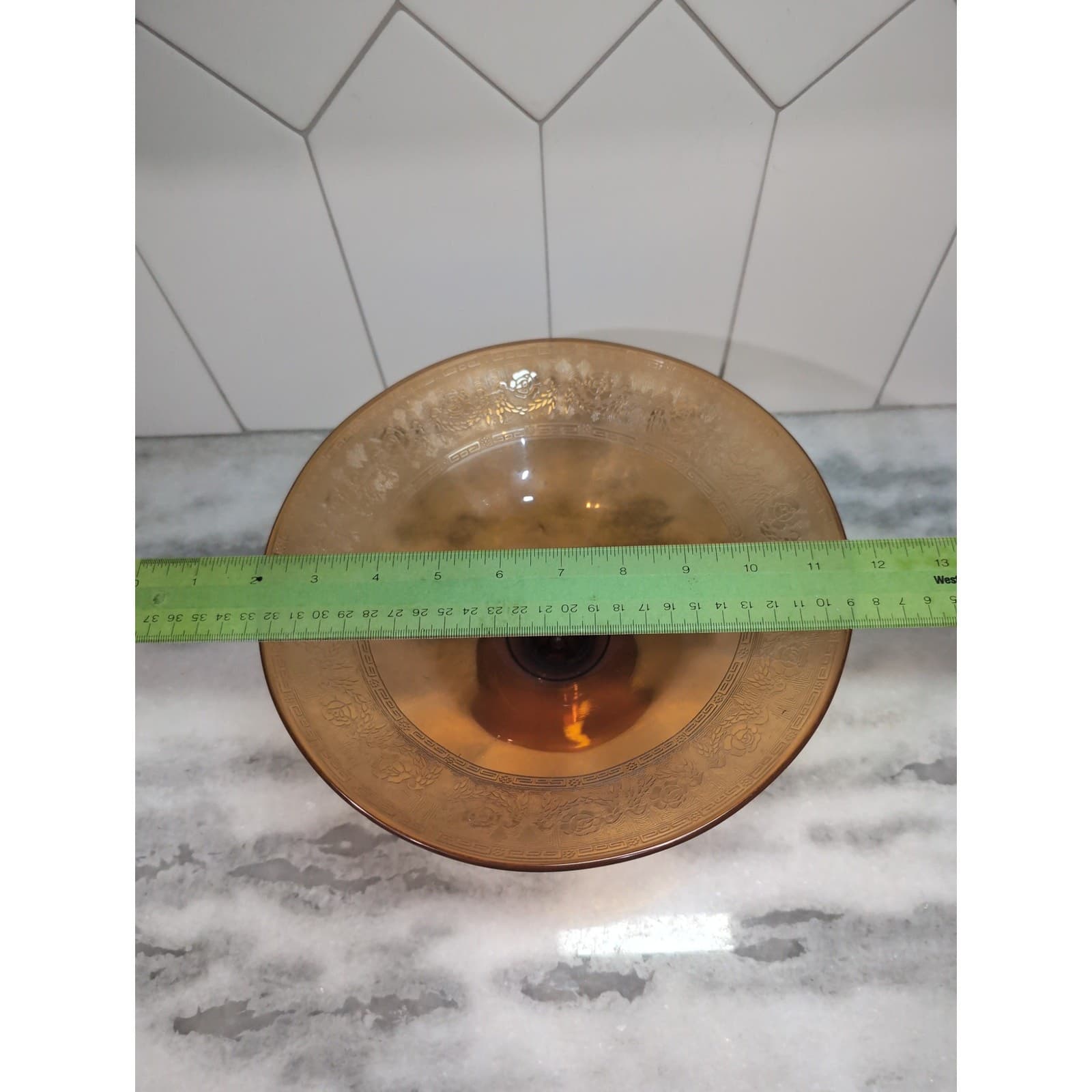 Amber Glass Pedestal Bowl with Etched Edge, Floral Design, Vintage Centerpiece - Thumbnail 9