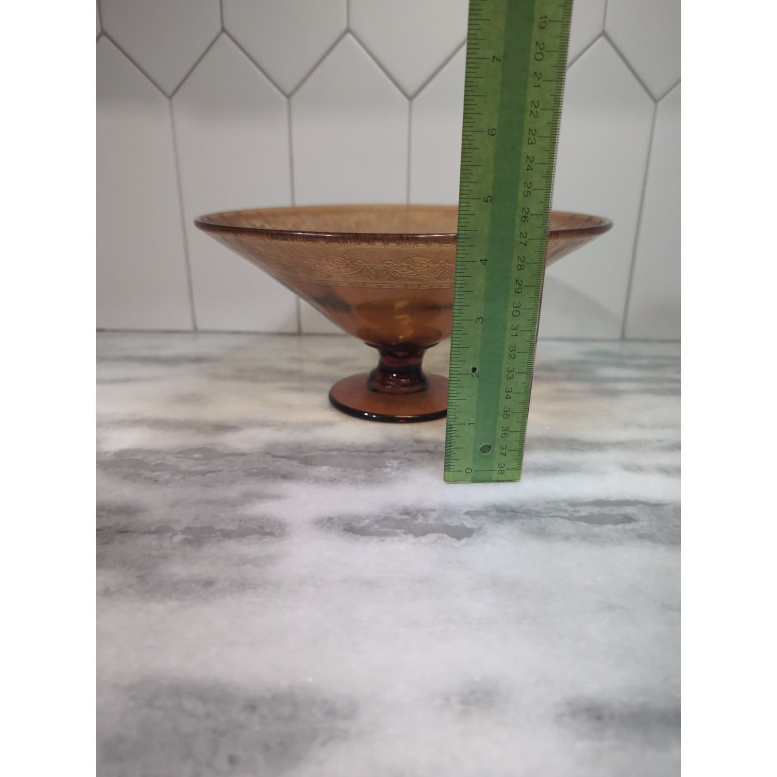 Amber Glass Pedestal Bowl with Etched Edge, Floral Design, Vintage Centerpiece - Thumbnail 10