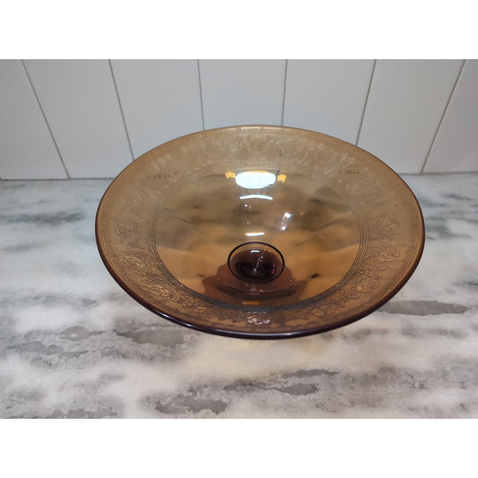 Amber Glass Pedestal Bowl with Etched Edge, Floral Design, Vintage Centerpiece - Thumbnail 2