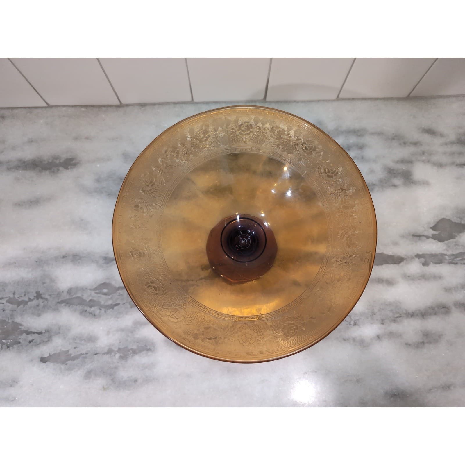 Amber Glass Pedestal Bowl with Etched Edge, Floral Design, Vintage Centerpiece - Thumbnail 3